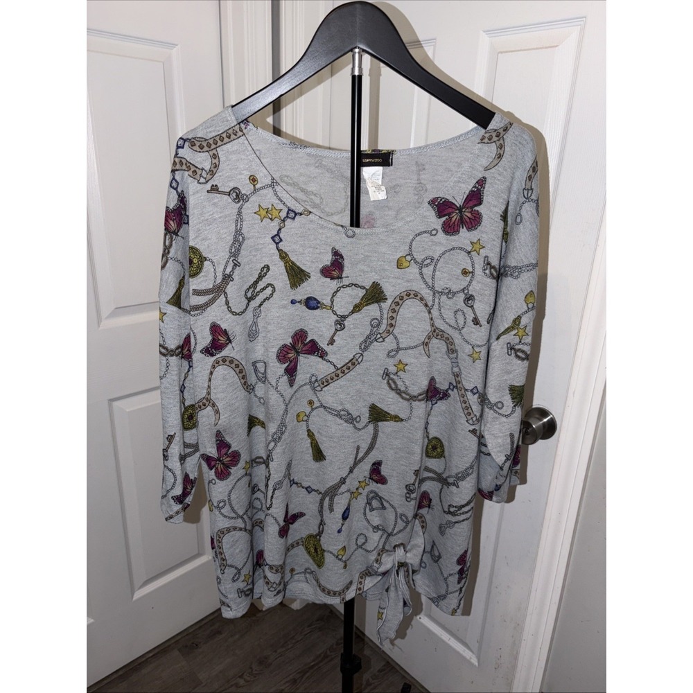 Espresso Tunic 2X Eclectic Equestrian 3/4 Sleeve Side Tie‎ Knot Chain Butterfly